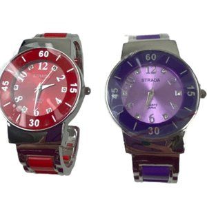 NWT Strada Women’s Silver Tone Watch Gift Set Purple & Red Cuff Stylish Watch